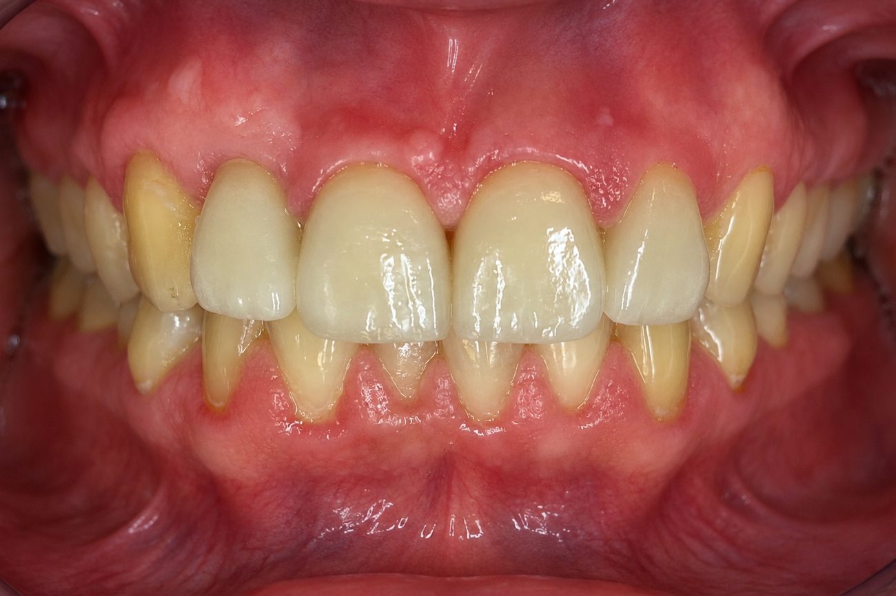 Esthetic reconstruction of frontal incisors – implant of right No. 2, ceramic veneers – after treatment
